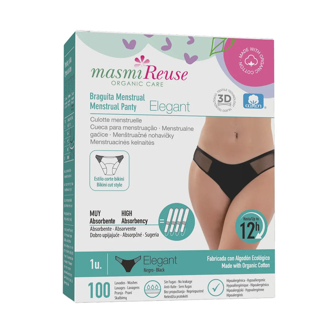 Masmi Majtki menstruacyjne ELEGANT niski stan, (rozmiary: S, M, L, XL) 100% certyfikowanej bawełny organicznej 1 szt.