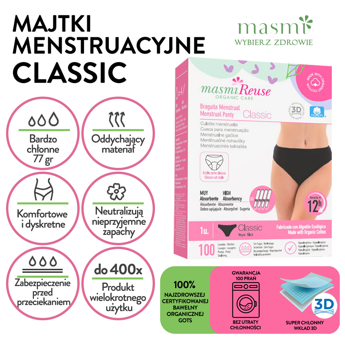 ZESTAW -5% 3 x Majtki menstruacyjne ekologiczne Masmi CLASSIC 100% bawełna gw.100 prań