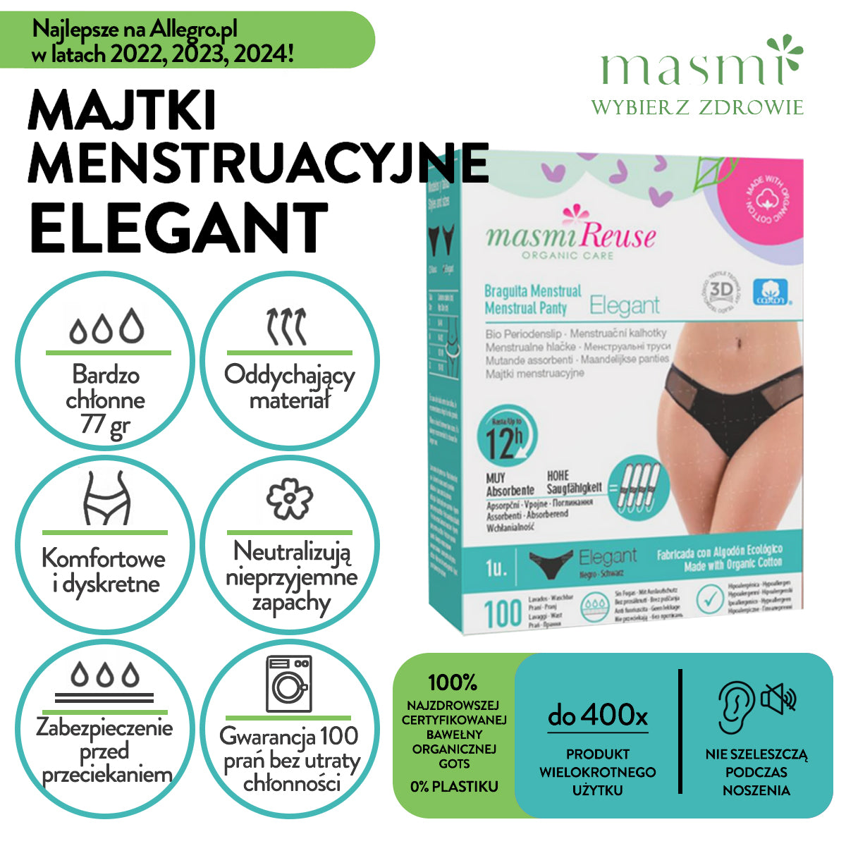 ZESTAW -3% 2 x Masmi Majtki menstruacyjne ekologiczne ELEGANT (rozmiar: S, M, L, XL) 100% bawełna BIO