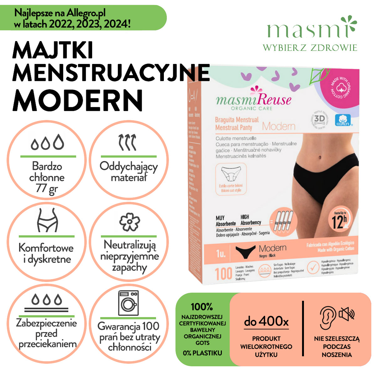 ZESTAW -5% 3 x Masmi Majtki menstruacyjne ekologiczne MODERN (rozmiary: S, M, L, XL) 100% bawełna BIO