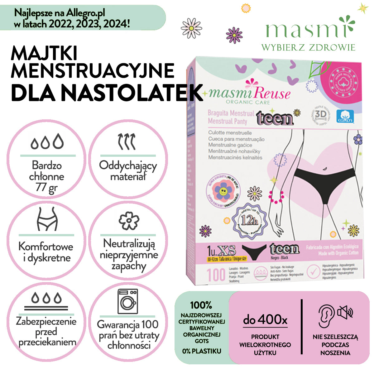 ZESTAW -3% 2 x Masmi Majtki menstruacyjne ekologiczne DLA NASTOLATEK XS 100% bawełna BIO
