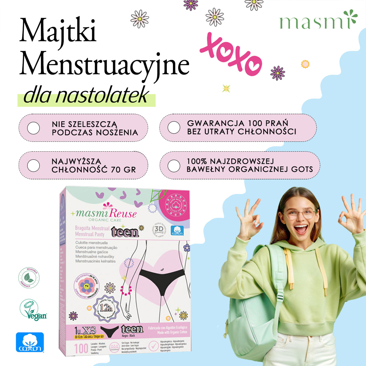 SET -5% 3 x Masmi Menstruationsslips ökologisch FÜR TEENAGER XS 100 % Bio-Baumwolle