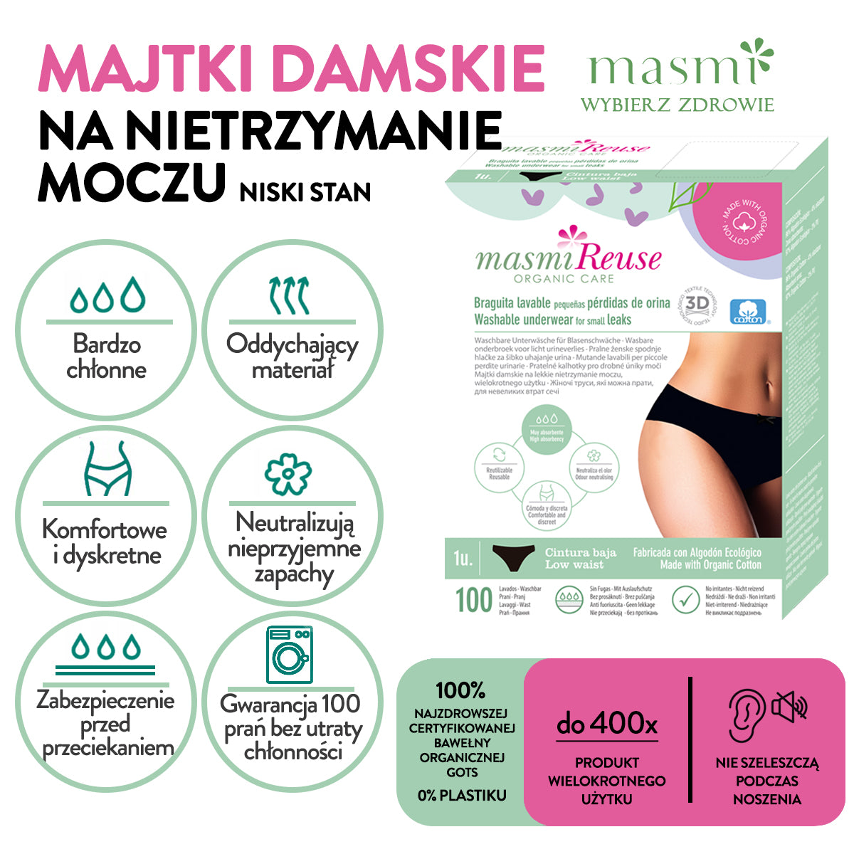SADA -3% 2 x Masmi Ekologické menstruační kalhotky dvojitá savost 120g/s nízkým pasem (velikost: S, M, L, XL)