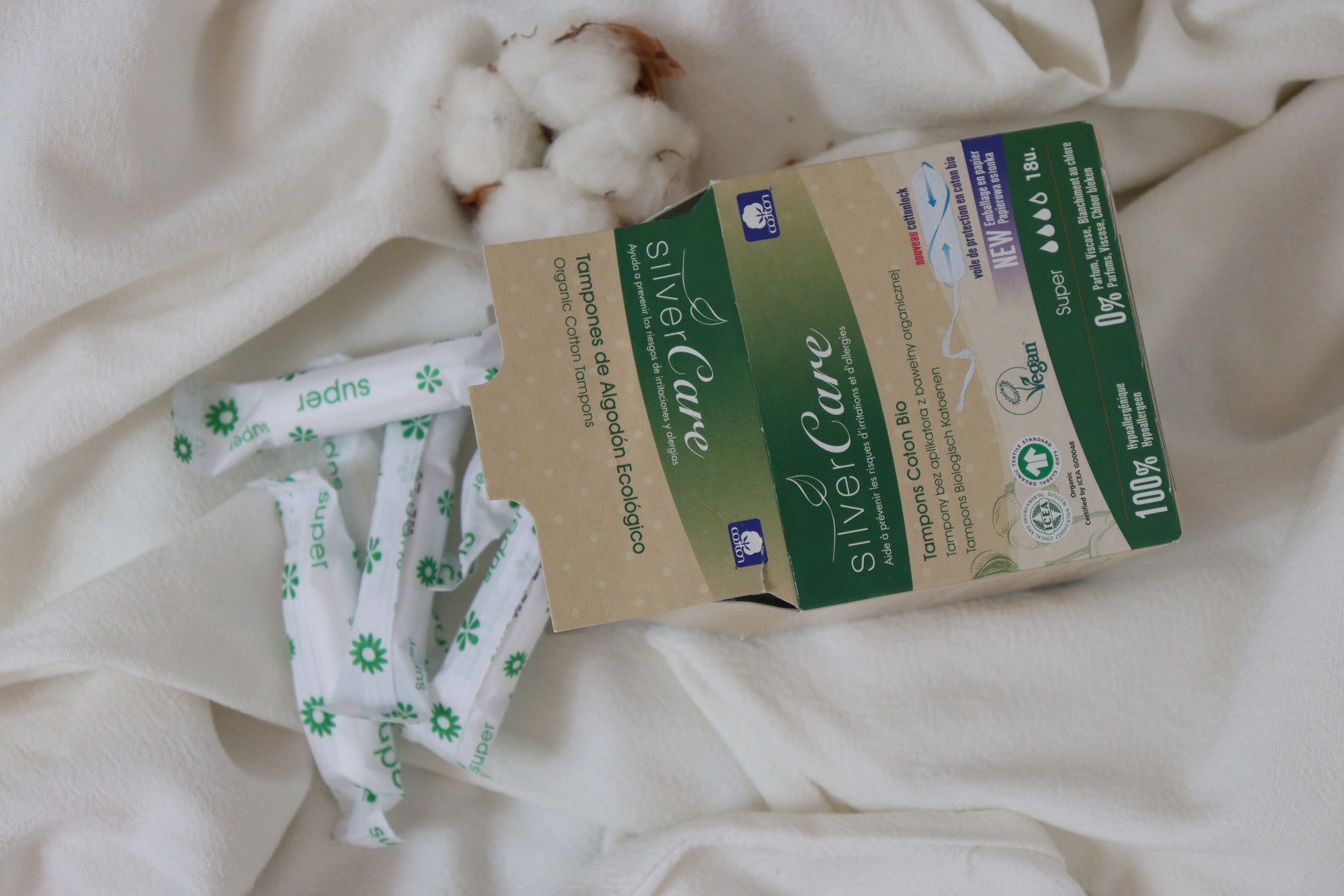 Ekologické bavlněné tampony Super (bez aplik.) Silver Care BIO 18 ks.
