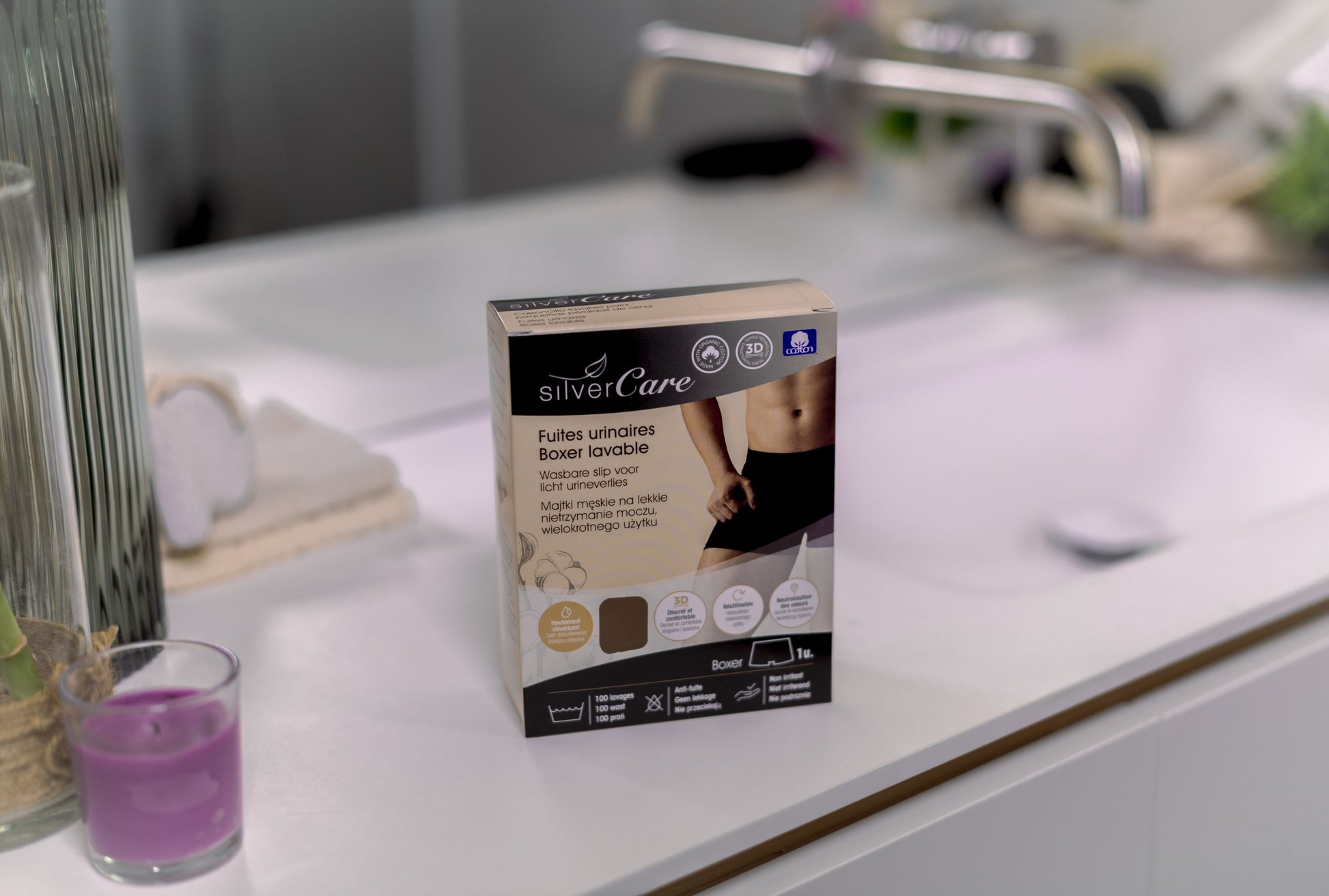 Silver Care Bokserki męskie na nietrzymanie moczu (rozmiary: S, M, L, XL), 100% bawełny organicznej 1 szt.
