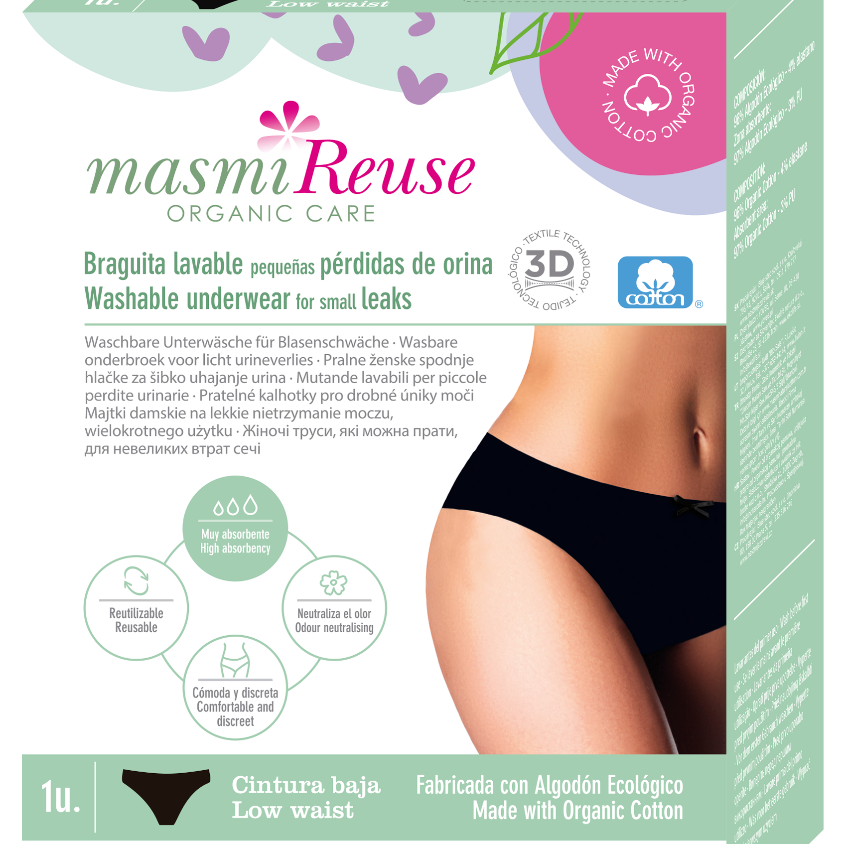 Masmi Majtki menstruacyjne o podwójnej chłonności (120 g chłonności), niski stan (rozmiary: S, M, L i XL) 1 szt.