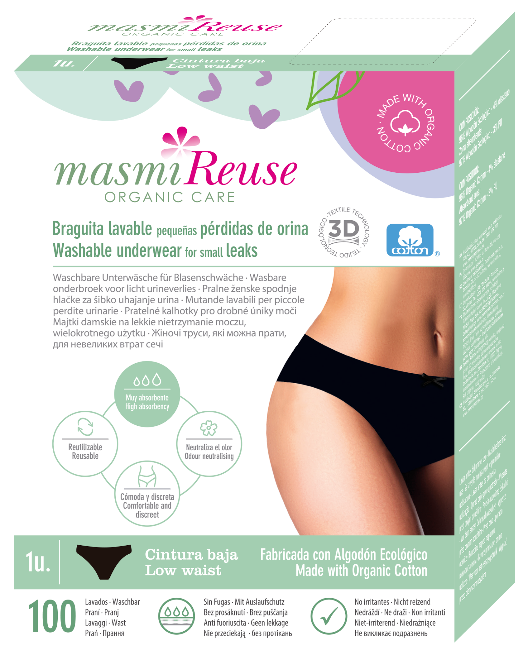 Masmi Majtki menstruacyjne o podwójnej chłonności (120 g chłonności), niski stan (rozmiary: S, M, L i XL) 1 szt.