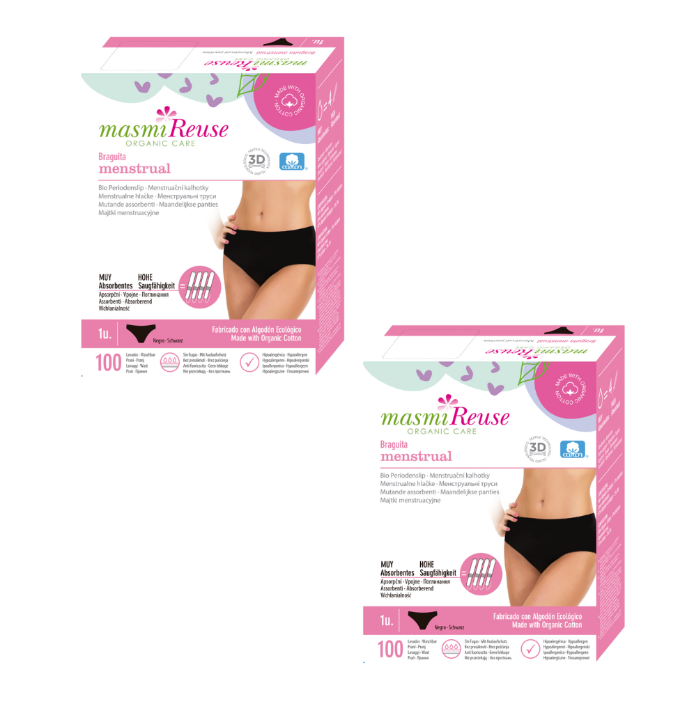 ZESTAW -3% 2x Masmi Majtki menstruacyjne CLASSIC wysoki stan (rozmiary: S, M, L, XL), 100% bawełny organicznej