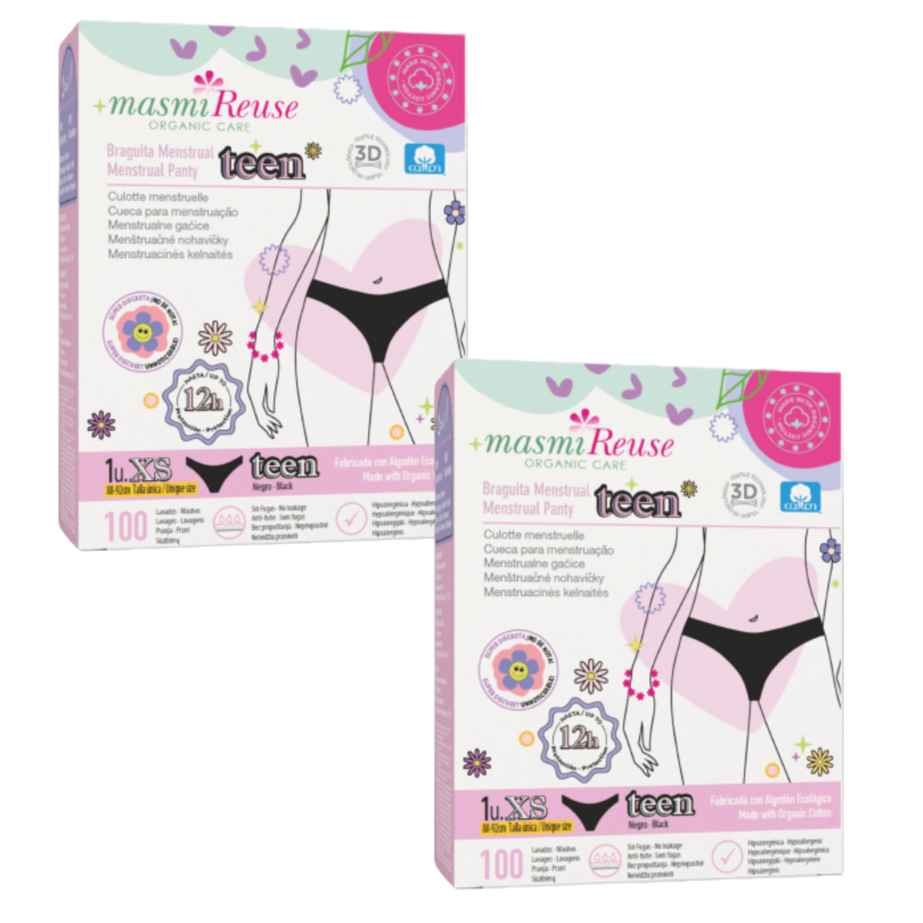 ZESTAW -3% 2x Masmi Majtki menstruacyjne ekologiczne DLA NASTOLATEK XS 100% bawełna BIO