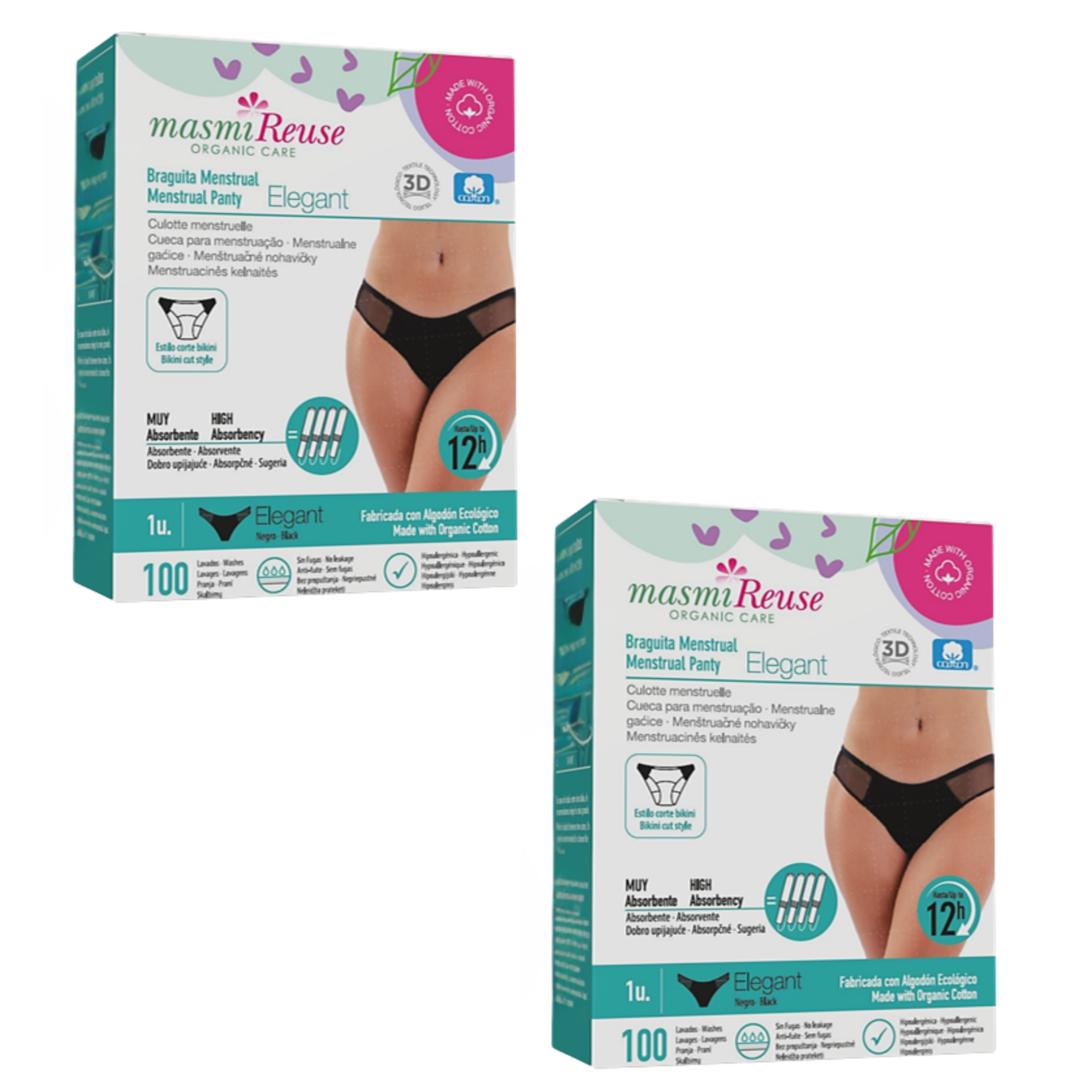 ZESTAW -3% 2x Masmi Majtki menstruacyjne ekologiczne ELEGANT (rozmiar: S, M, L, XL) 100% bawełna BIO