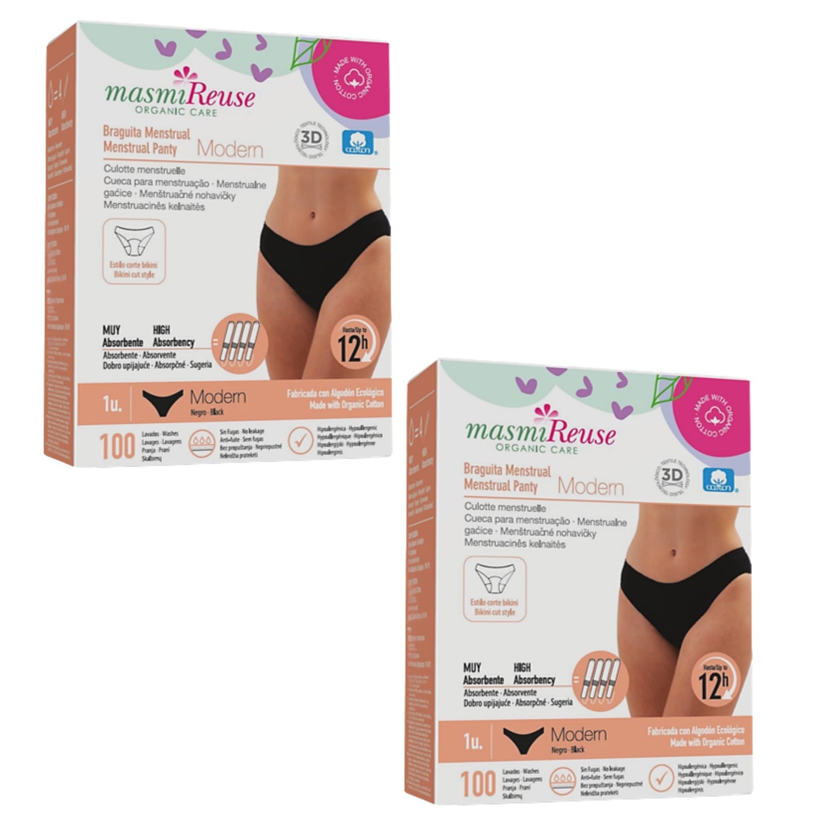 ZESTAW -3% 2x Masmi Majtki menstruacyjne ekologiczne MODERN (rozmiary: S, M, L, XL), 100% bawełna BIO