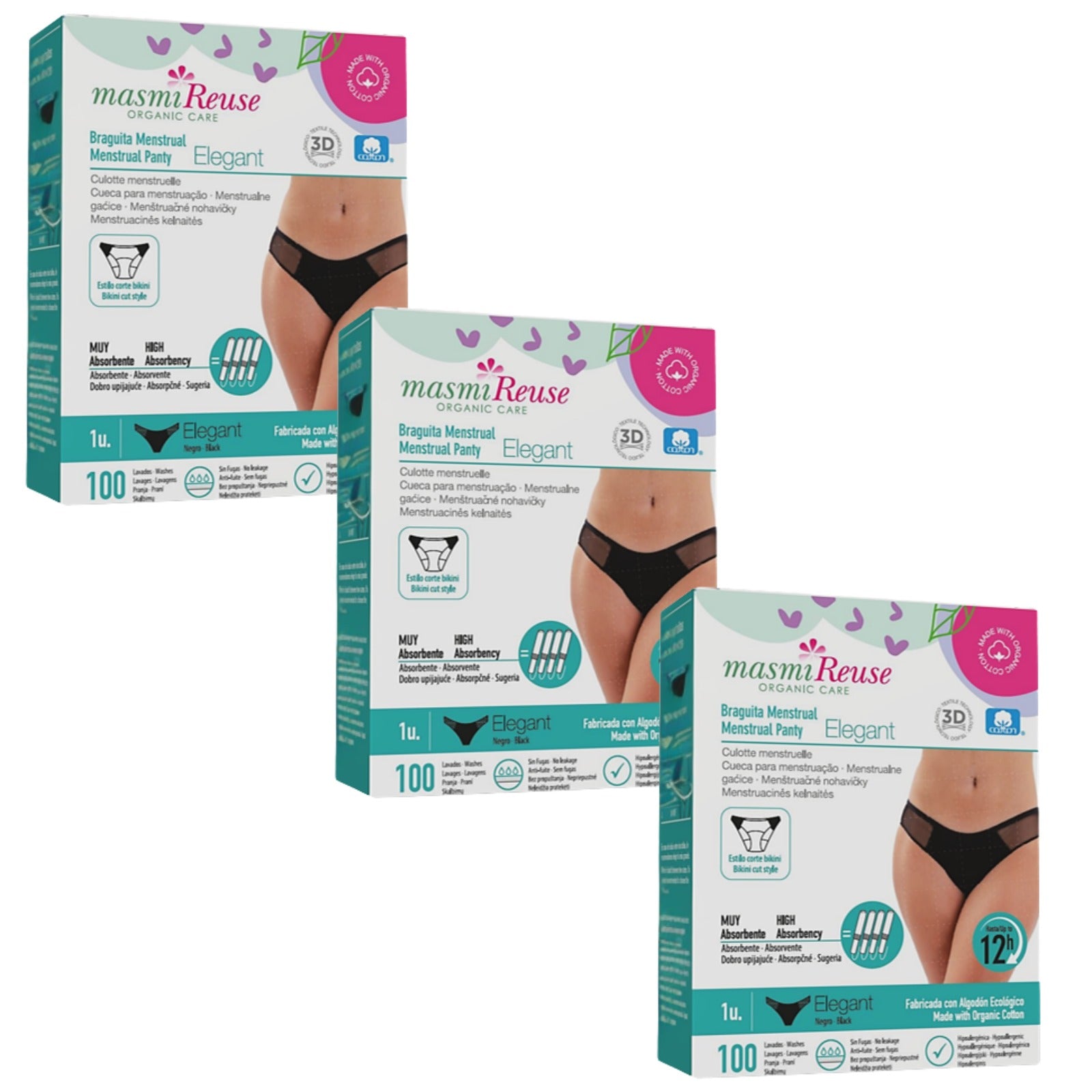 ZESTAW -5% 3x Masmi Majtki menstruacyjne ekologiczne ELEGANT (rozmiar: S, M, L, XL) 100% bawełna BIO
