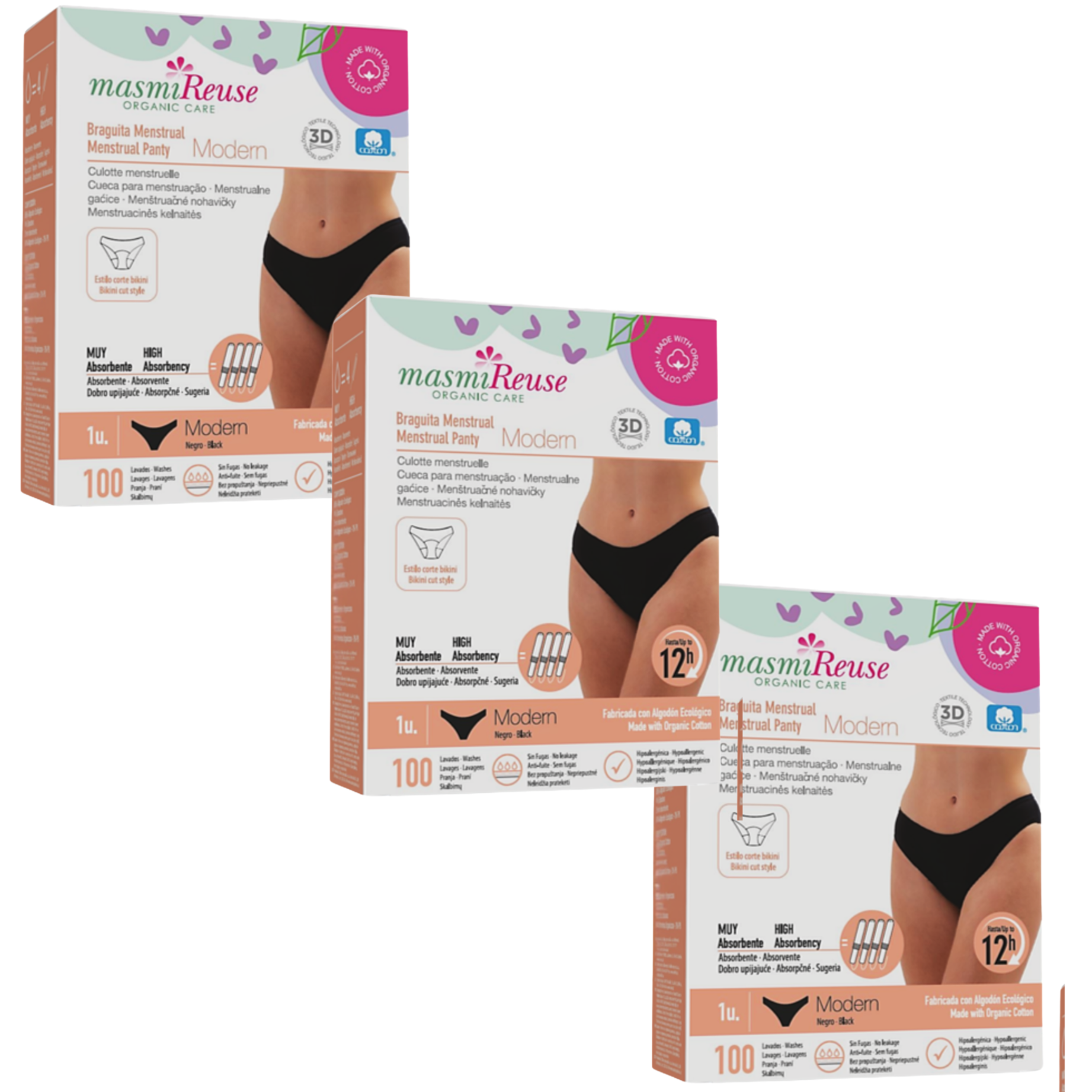ZESTAW -5% 3x Masmi Majtki menstruacyjne ekologiczne MODERN (rozmiary: S, M, L, XL) 100% bawełna BIO