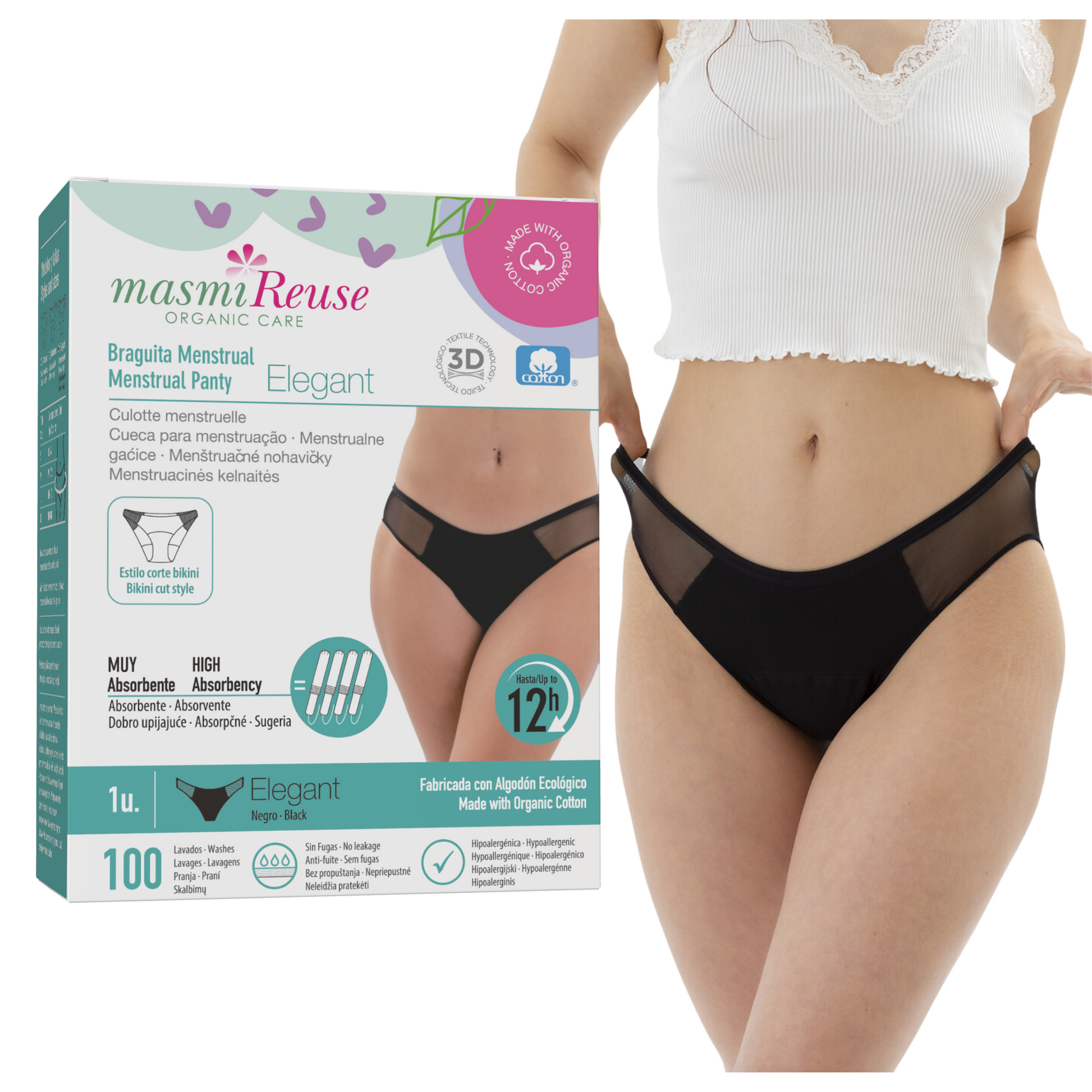 SET -5 % 3 x Masmi ökologische Menstruationsslips ELEGANT (Größe: S, M, L, XL) 100 % Bio-Baumwolle