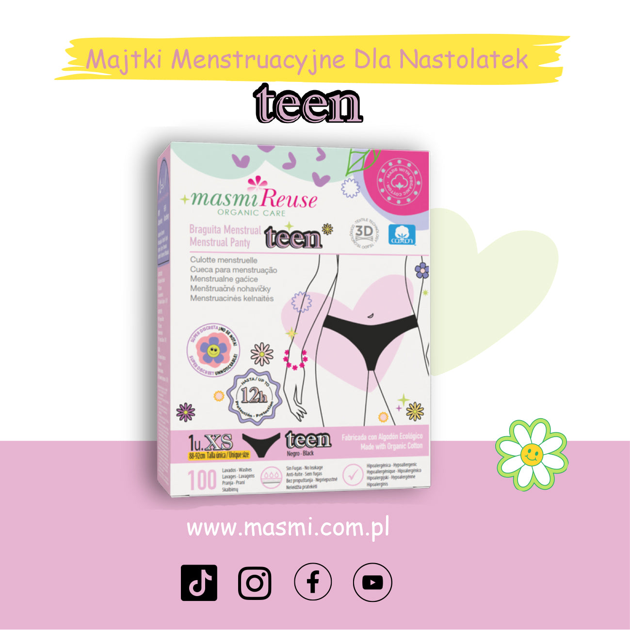 SET -5% 3 x Masmi Menstruationsslips ökologisch FÜR TEENAGER XS 100 % Bio-Baumwolle