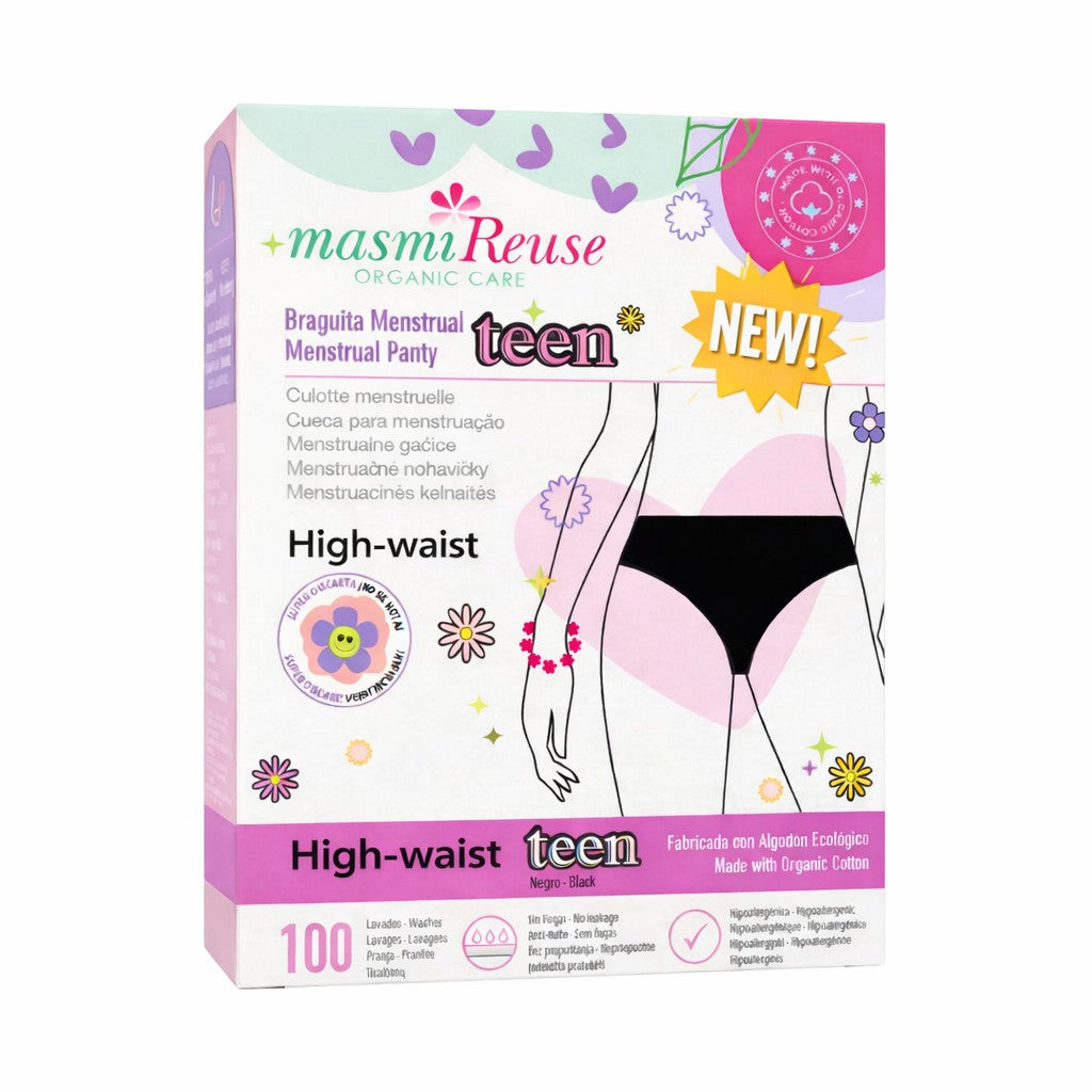 Masmi Majtki menstruacyjne  DLA NASTOLATEK wysoki stan (rozmiary XS, S i M) 100% certyfikowanej bawełny organicznej 1 szt.