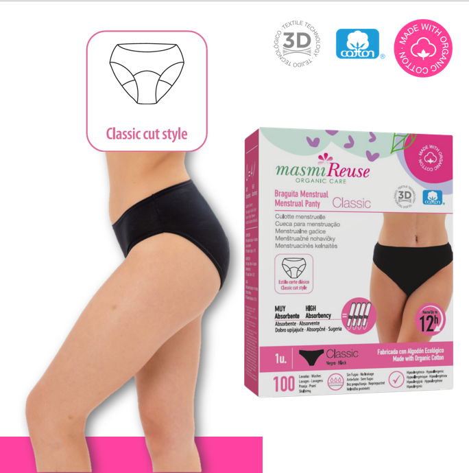 SET -3% 2 x Masmi Menstruationsslip CLASSIC hoher Bund (Größen: S, M, L, XL), 100 % Bio-Baumwolle