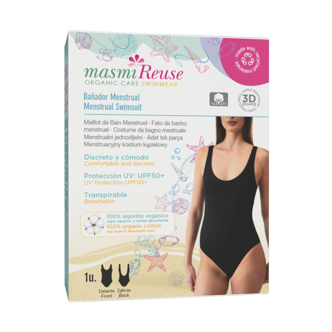 Masmi Menstruacyjny jednoczęściowy kostium kąpielowy UPF 50+, odporny na chlor i słoną wodę (rozmiary: XS, S, M, L) 1 szt.