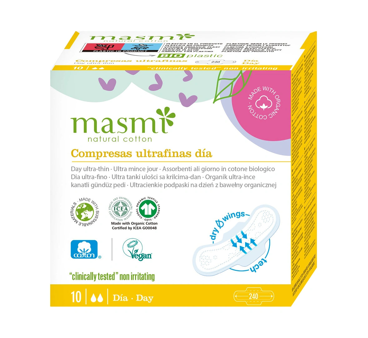 Masmi Ultracienkie bawełniane podpaski na dzień ze skrzydełkami, 100% bawełny organicznej 10 szt.