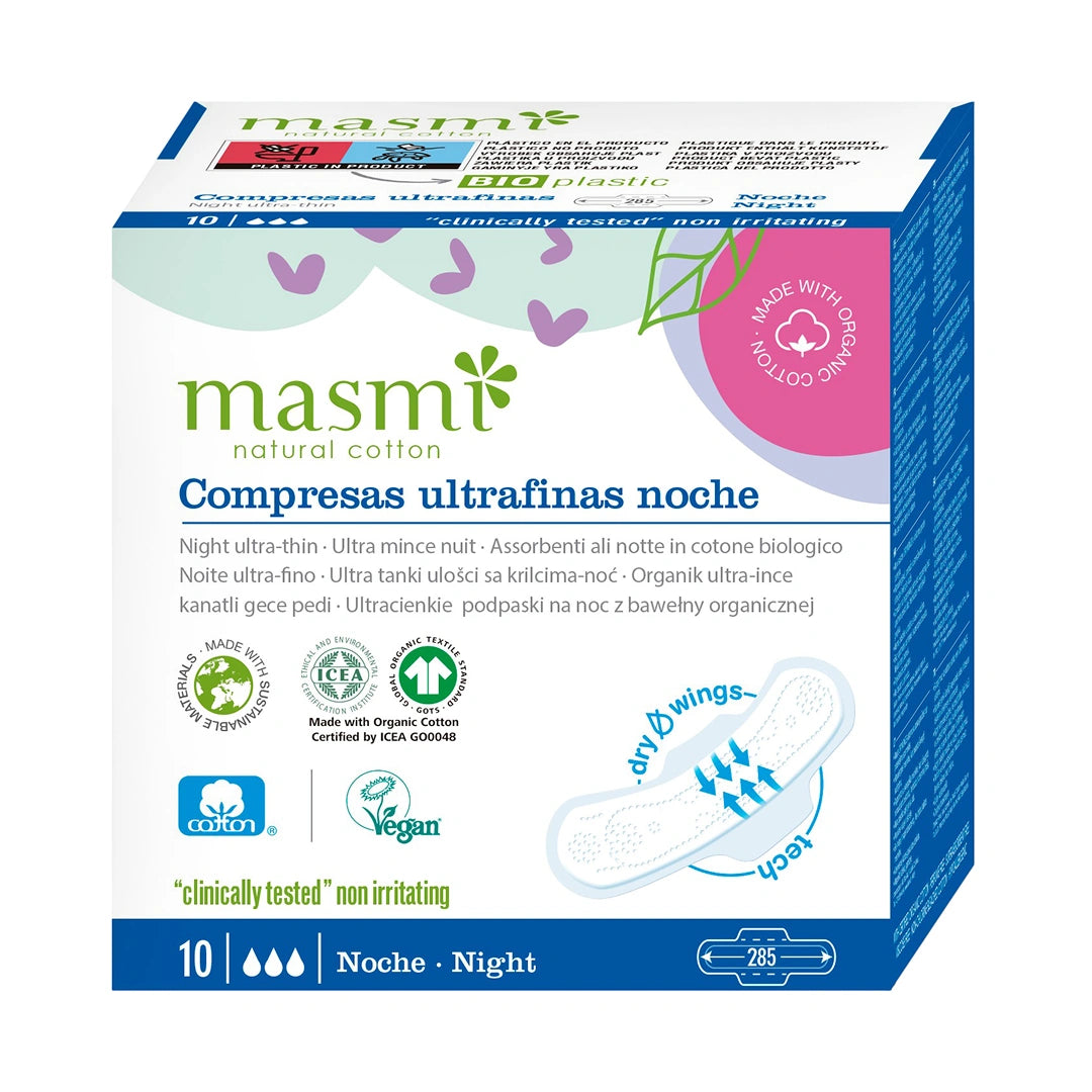 Masmi Ultracienkie bawełniane podpaski na noc ze skrzydełkami, 100% bawełny organicznej 10 szt.
