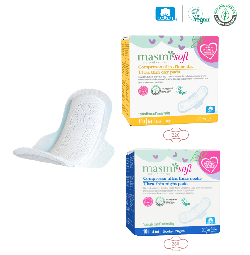 Podpaski ekologiczne bawełniane bez chloru SOFT na noc Masmi 100% BIO 10szt
