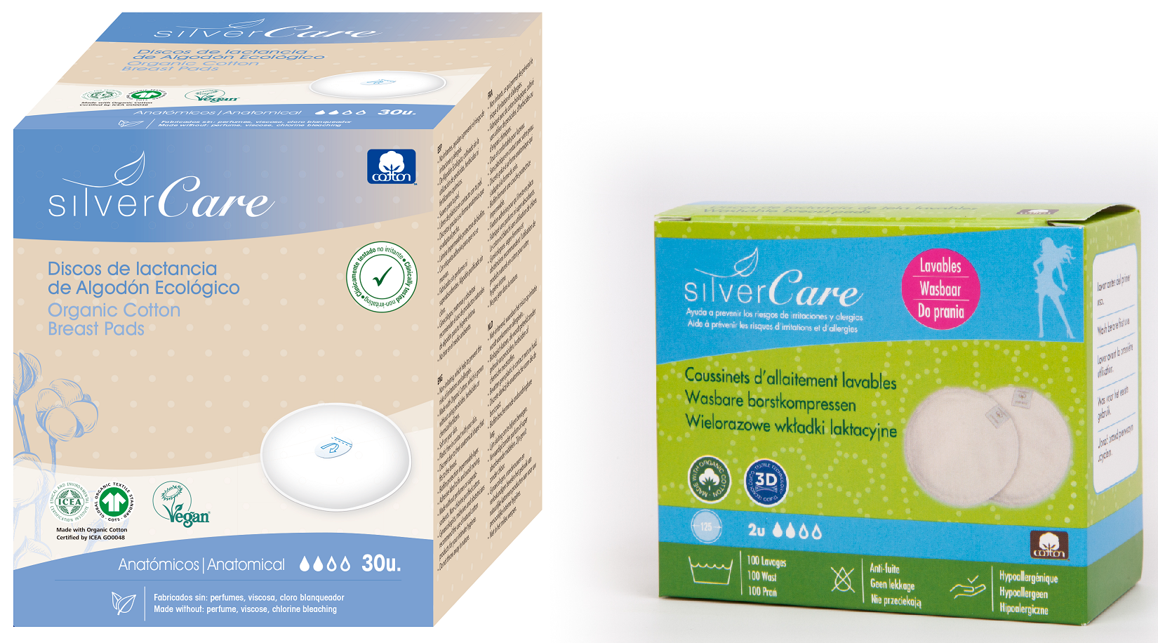 Wiederverwendbare Bio-Stilleinlagen SilverCare 100% Bio-Baumwolle 30 Stück